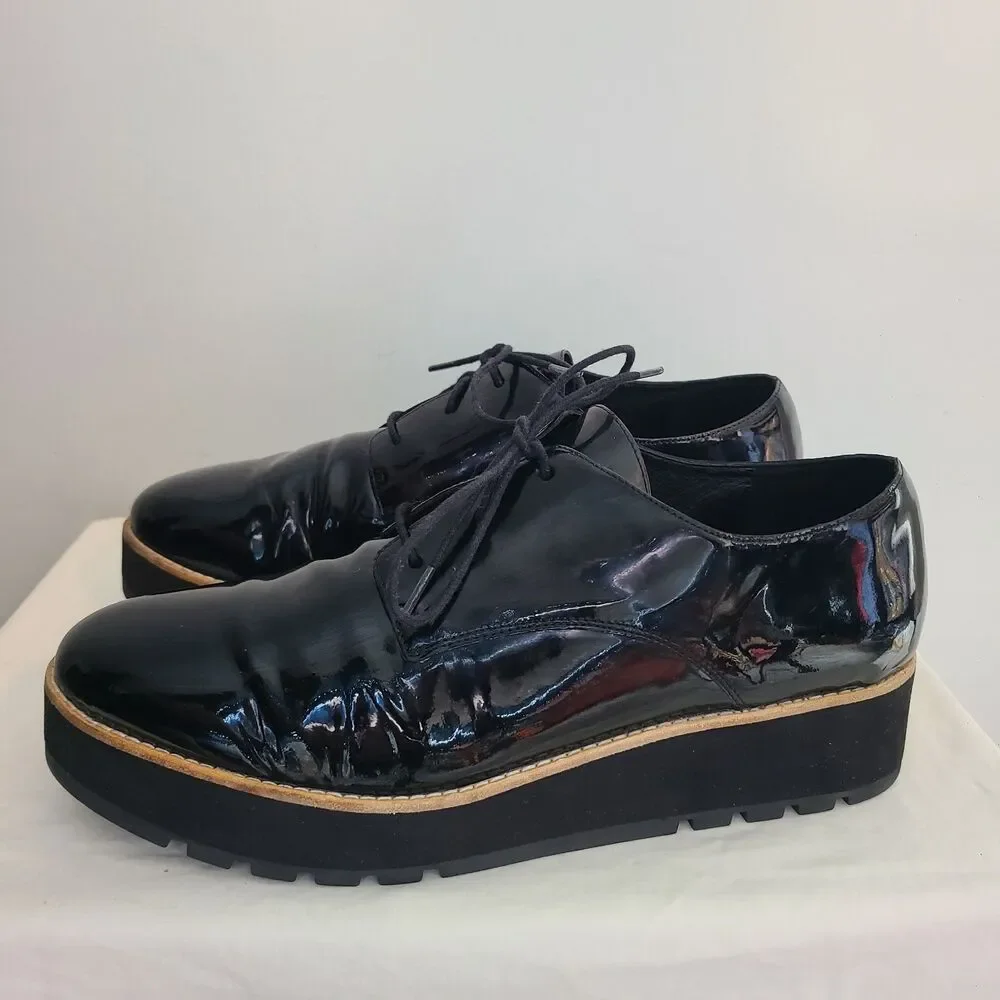 Eileen Fisher Eddy Black Patent Leather Platform Oxfords Sz 11 Corporate Goth